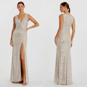 Mac Duggal 26598 V-Neck Sequin Wrap Waist Gown NWT Nude Silver